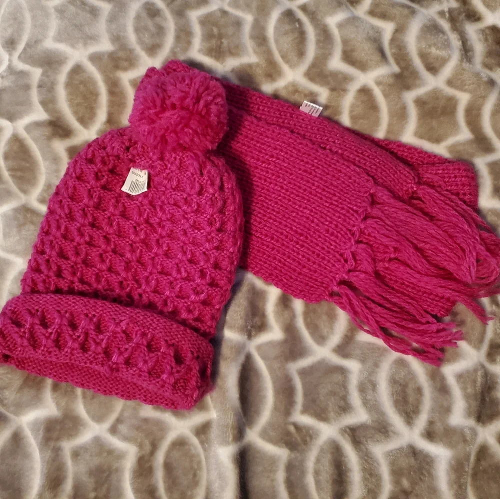 Pom Pom Knit Beanie and Scarf Set - Hot Pink